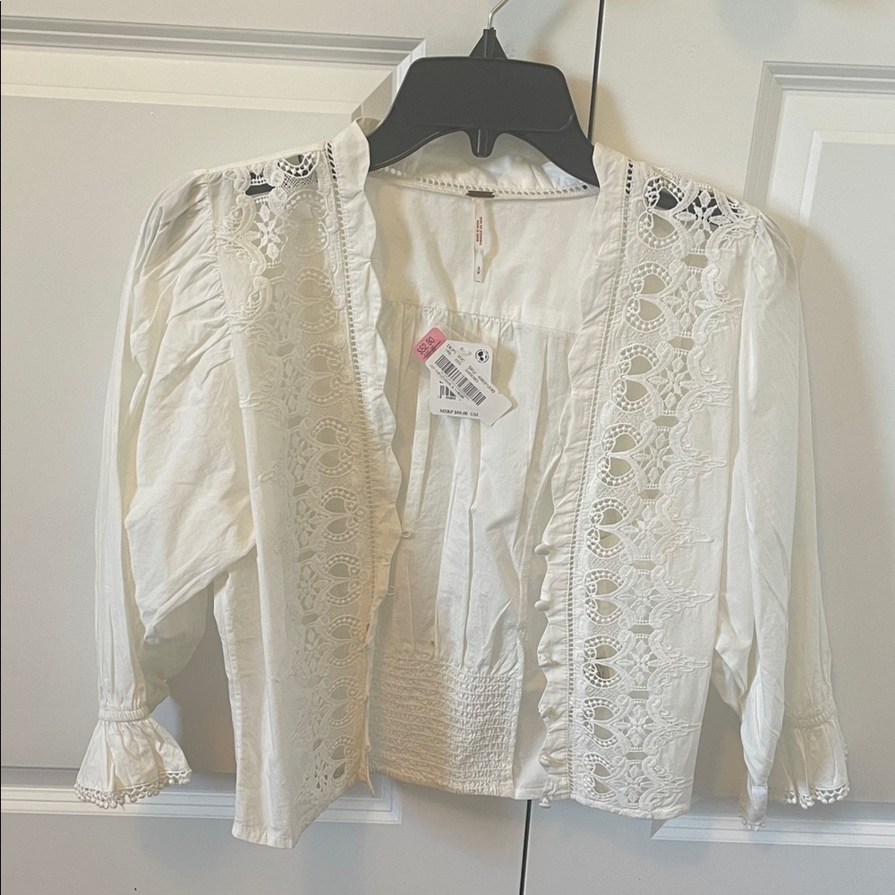 Free People Cream Lace Open-Front Blouse